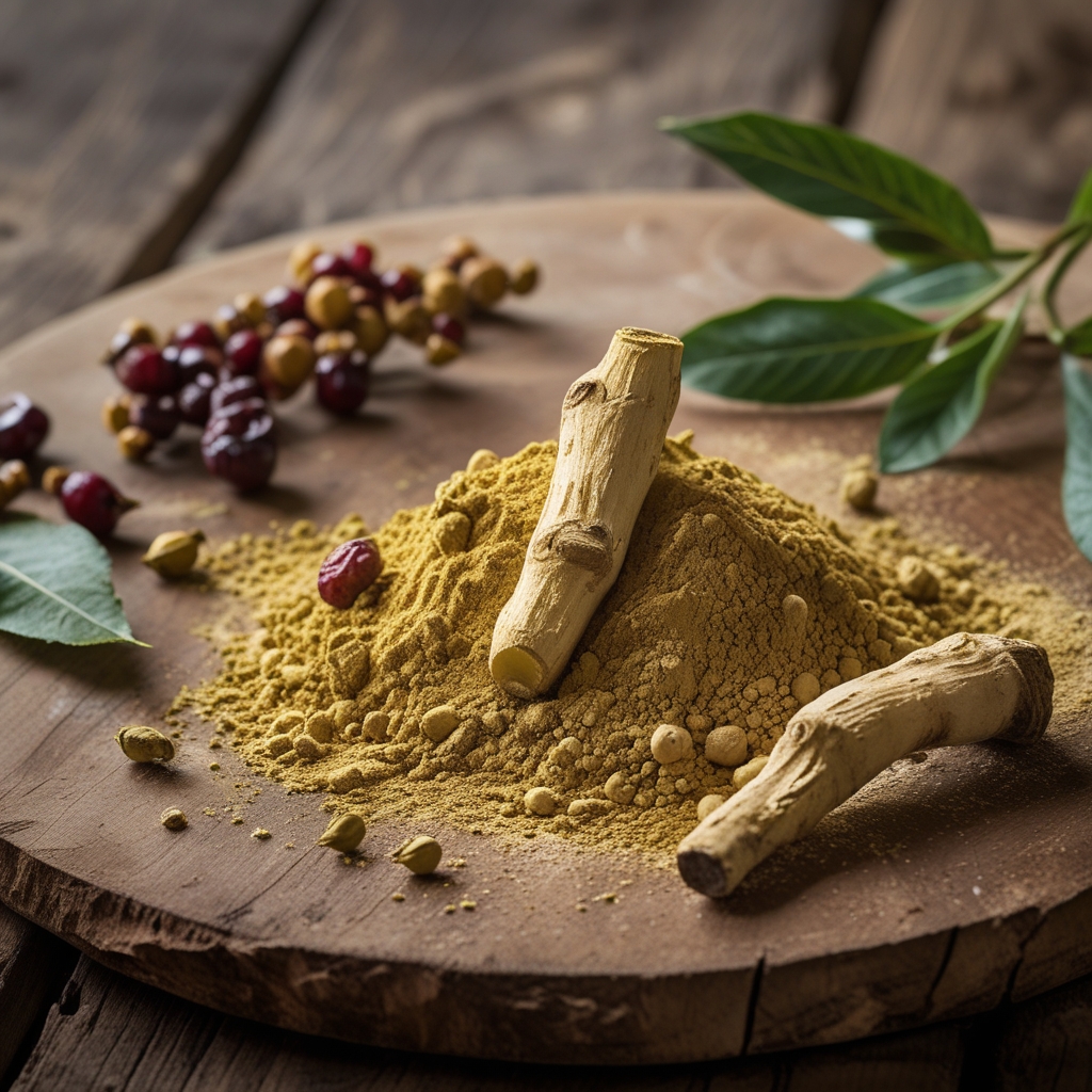 Ashwagandha root and powder displayed on a rustic wooden board with dried berries and green leaves, warm natural lighting highlighting the pale yellow-brown root texture