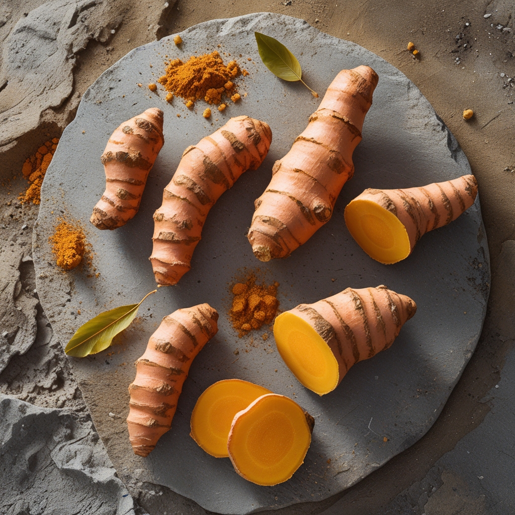 Whole and sliced turmeric rhizomes with bright orange-yellow flesh arranged on a rough stone surface with scattered powder and a few dried leaves in natural daylight