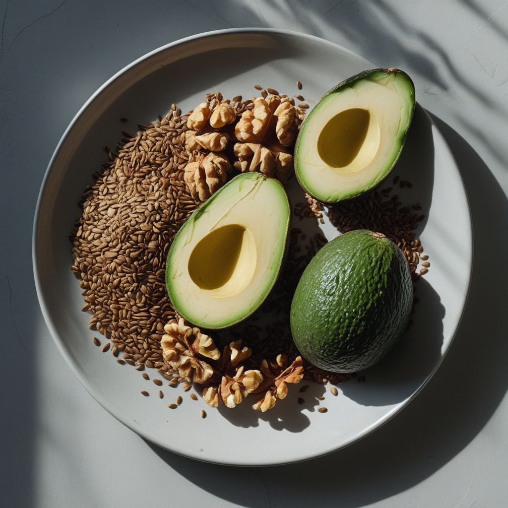 Overhead view of omega-3 rich foods including whole walnuts, flaxseeds, and a halved avocado arranged on a clean white surface with natural north light creating subtle shadows