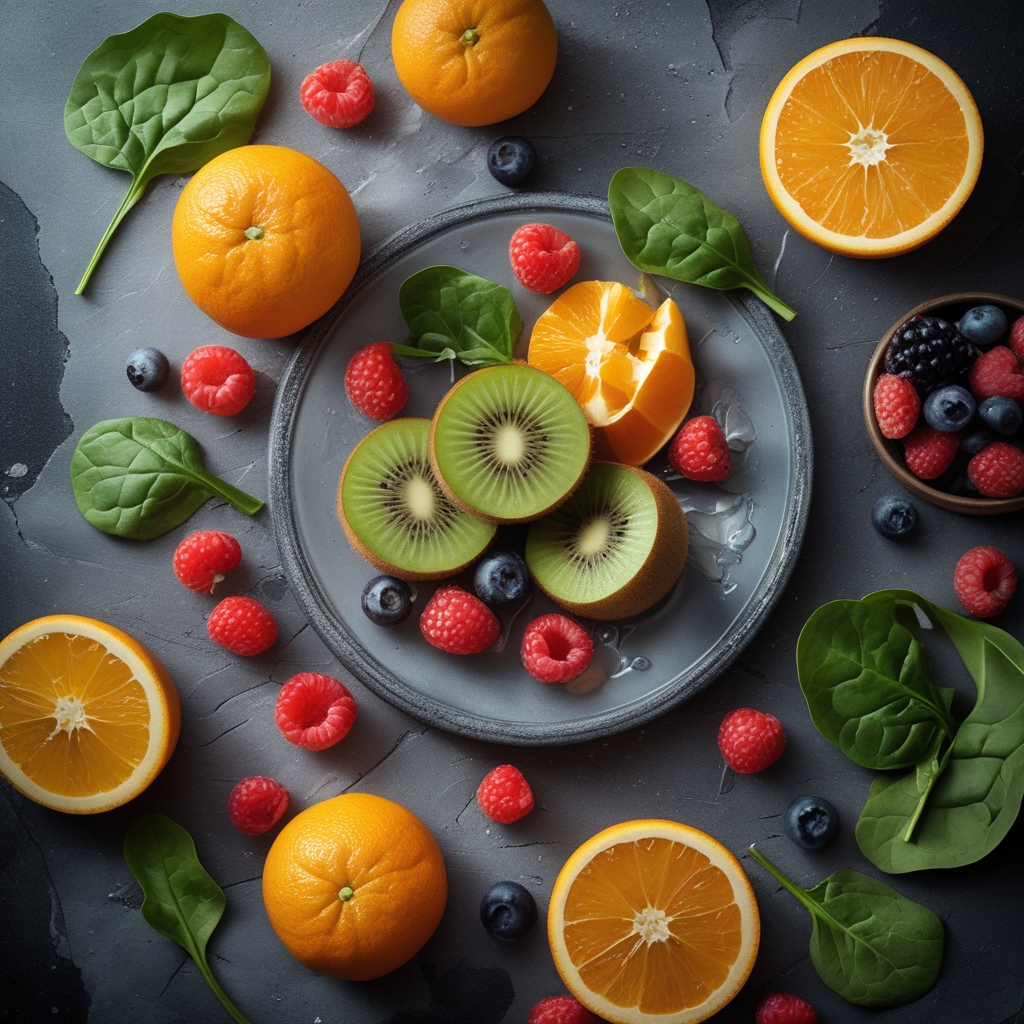 Vibrant arrangement of whole fresh fruits and vegetables including oranges, kiwi, spinach, and berries on a light grey stone surface showing natural sources of essential vitamins